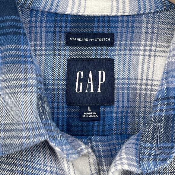 GAP Shirt Mens L Brushed Twill Plaid Flannel Standard Fit Stretch Button Up Blue - Picture 5 of 14